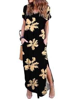 Women Beige Floral Summer Maxi Long Dress Casual Loose Short Sleeve Split Pocket